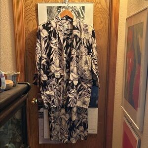 Norma Kamali Black and Cream Floral Jacket and Wide Leg Pants